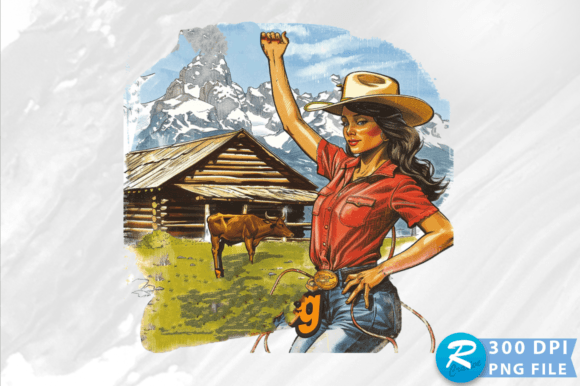 Cowgirl in Cows and Mountains Clipart: Graphics & Crafts